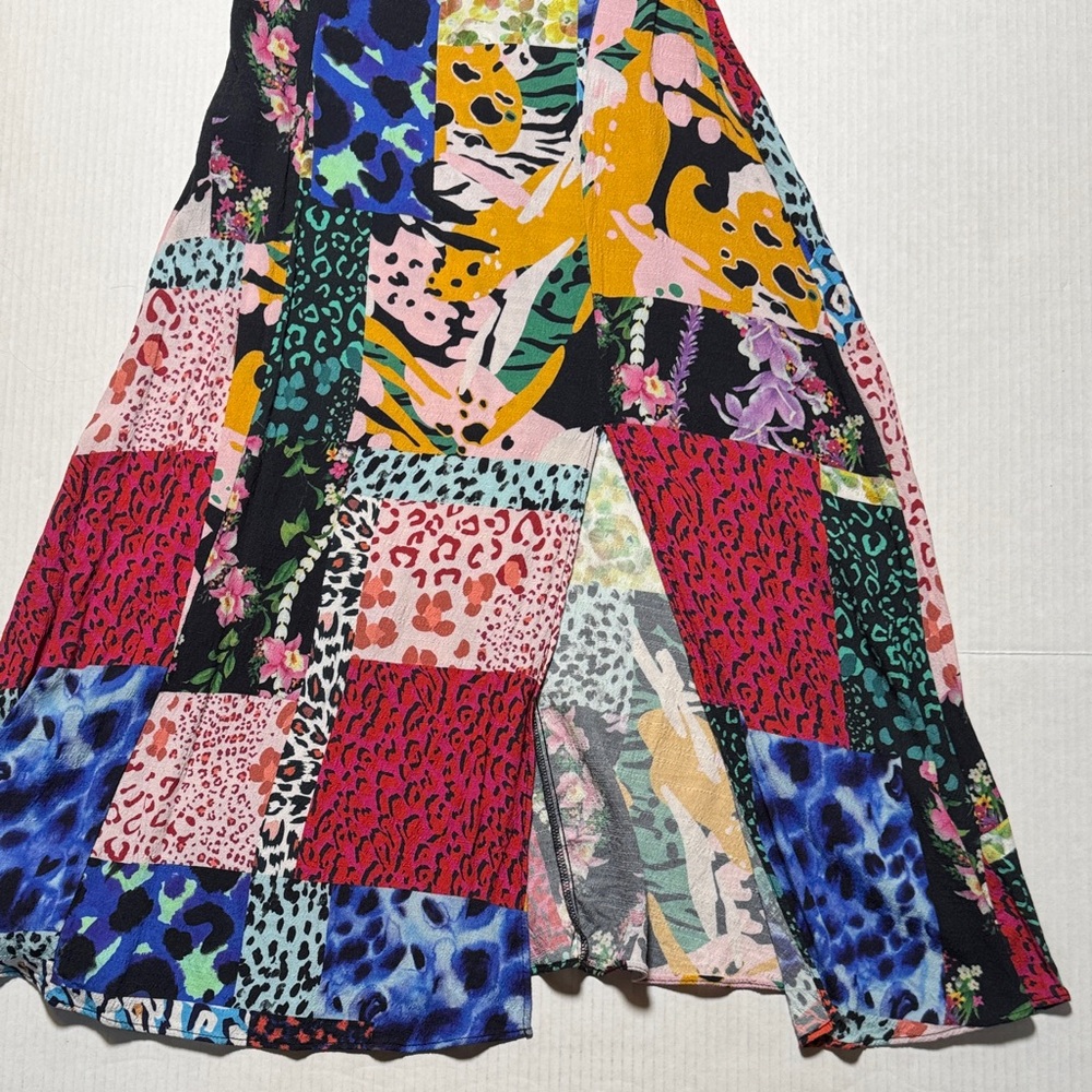 DESIGUAL Colorful Animal Print Patchwork Midi Dress Side Slit Smocked Back SM - Picture 6 of 17